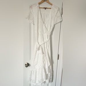 LuLus Blissfully White Jacquard Short Sleeve Wrap MIDI Dress